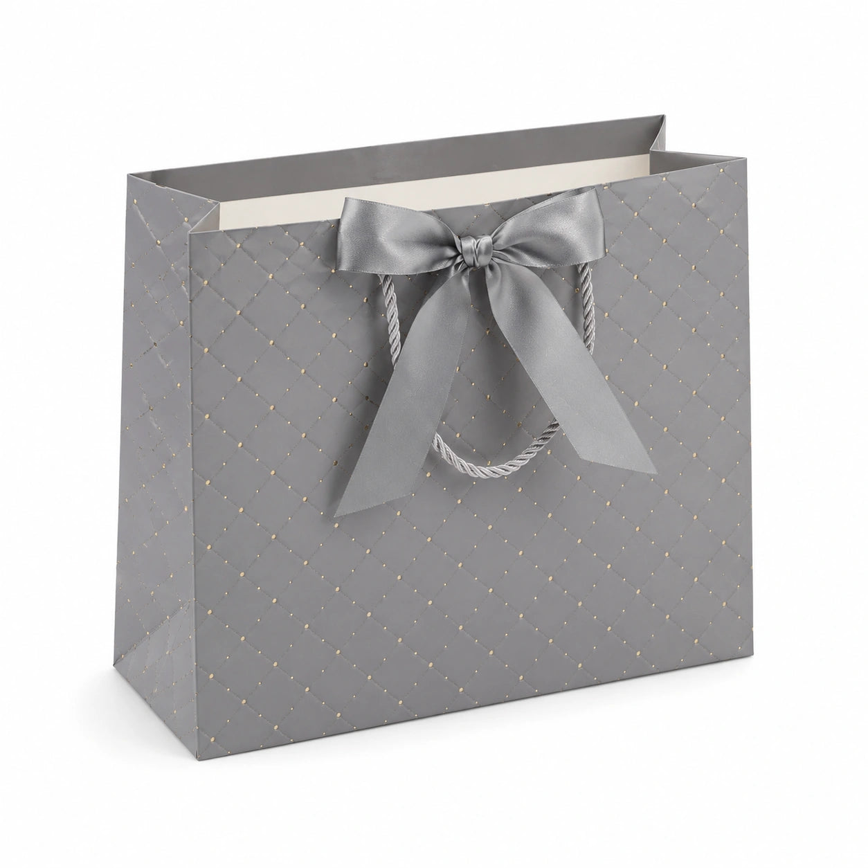 Borsa regalo 32 x 12 x 26 cm in carta grigia con manici in corda e fiocco decorativo
