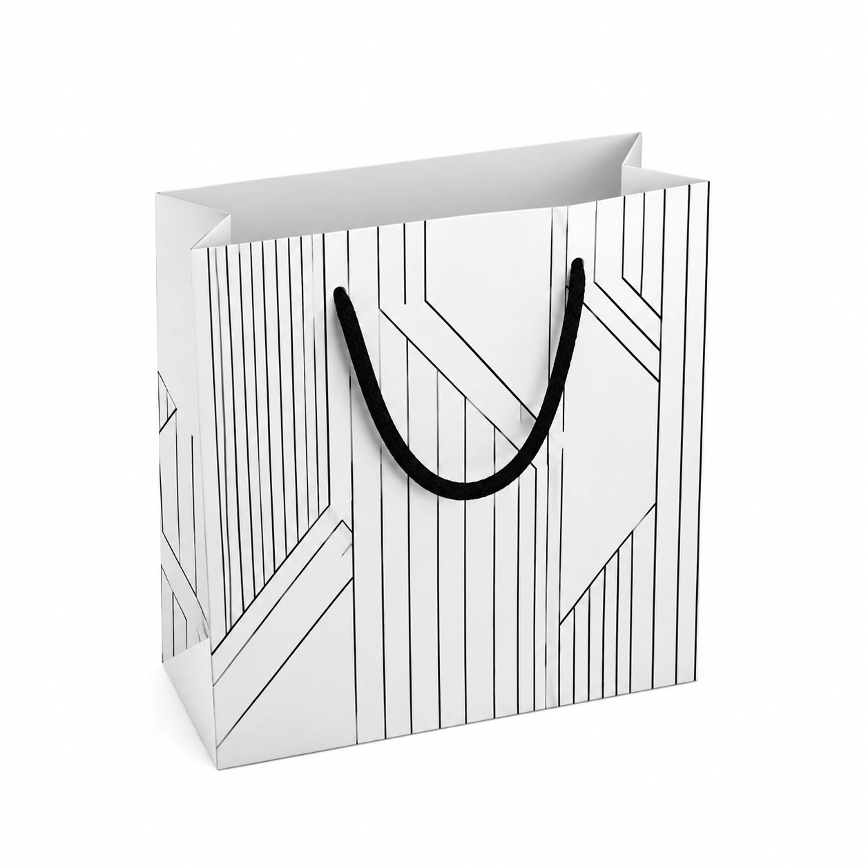Borsa regalo 26 x 12 x 32 cm in carta bianca e nera con manici in corda stile geometrico