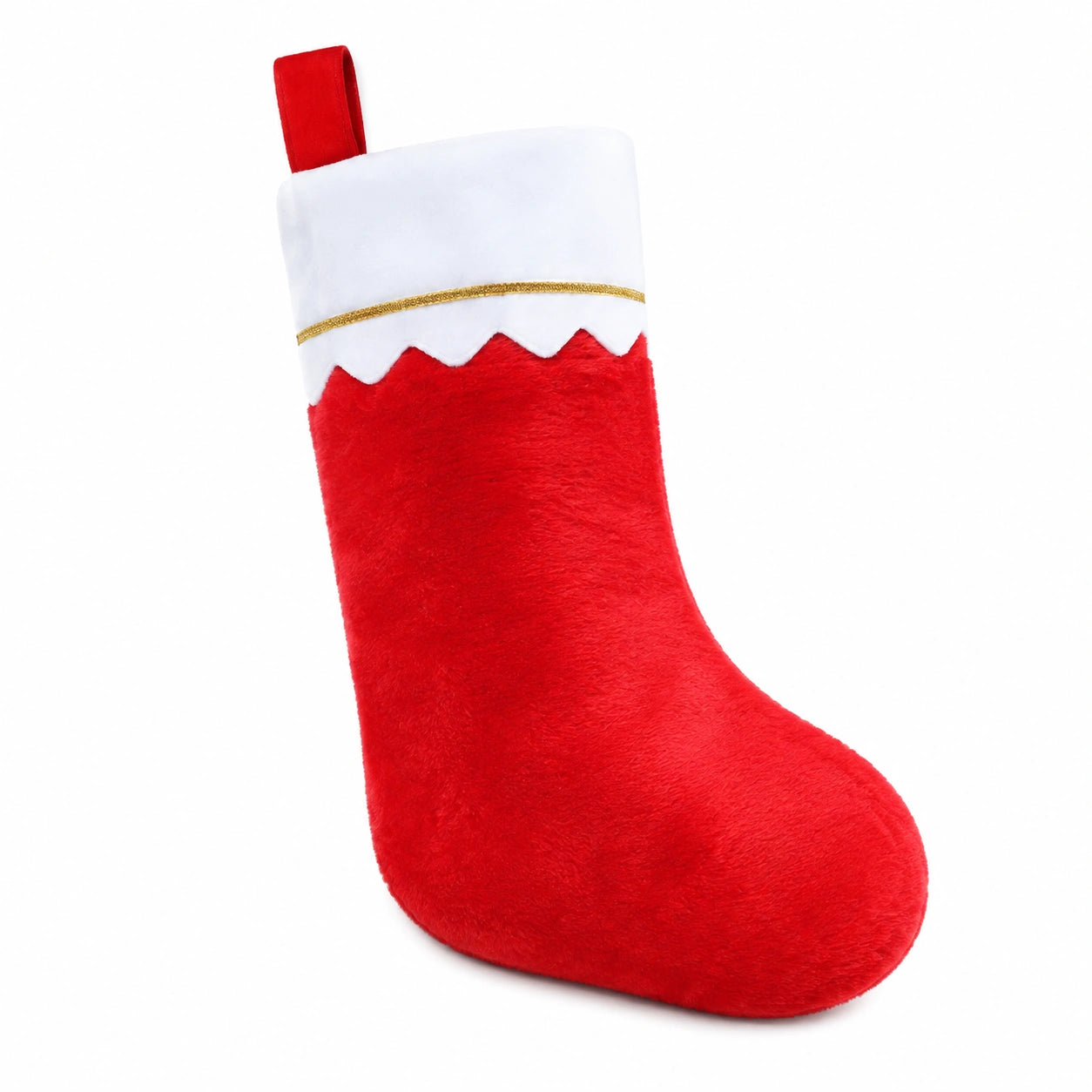 Calza decorativa 45 cm in tessuto peluche rosso e bianco con passante da appendere
