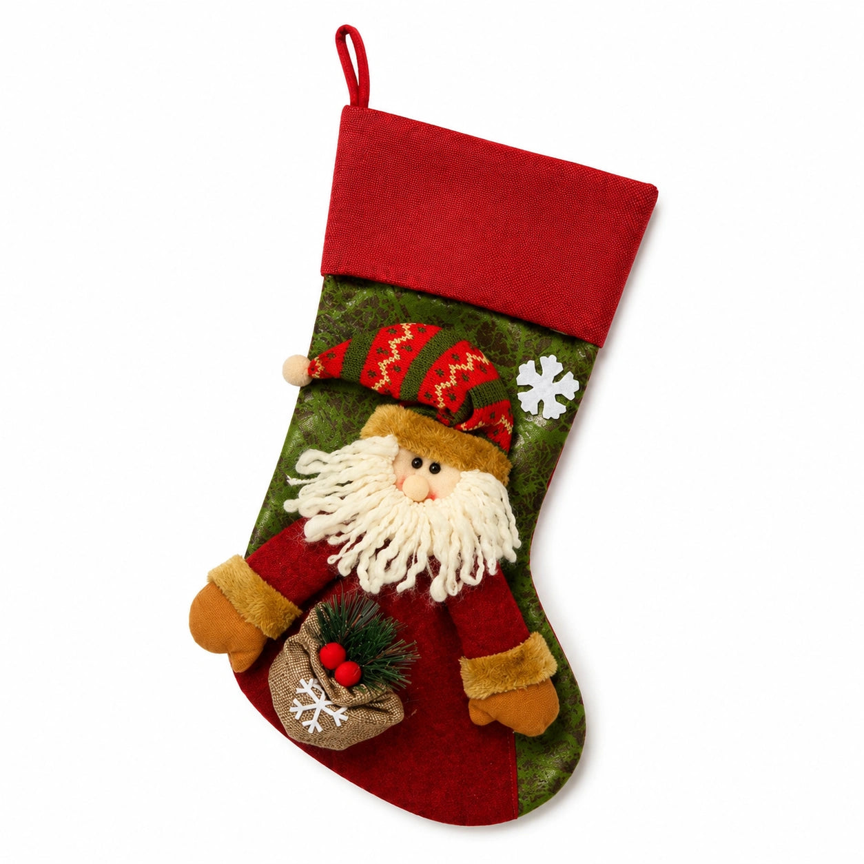 Calza natalizia 45 cm in tessuto rosso e verde con decorazione Babbo Natale da appendere