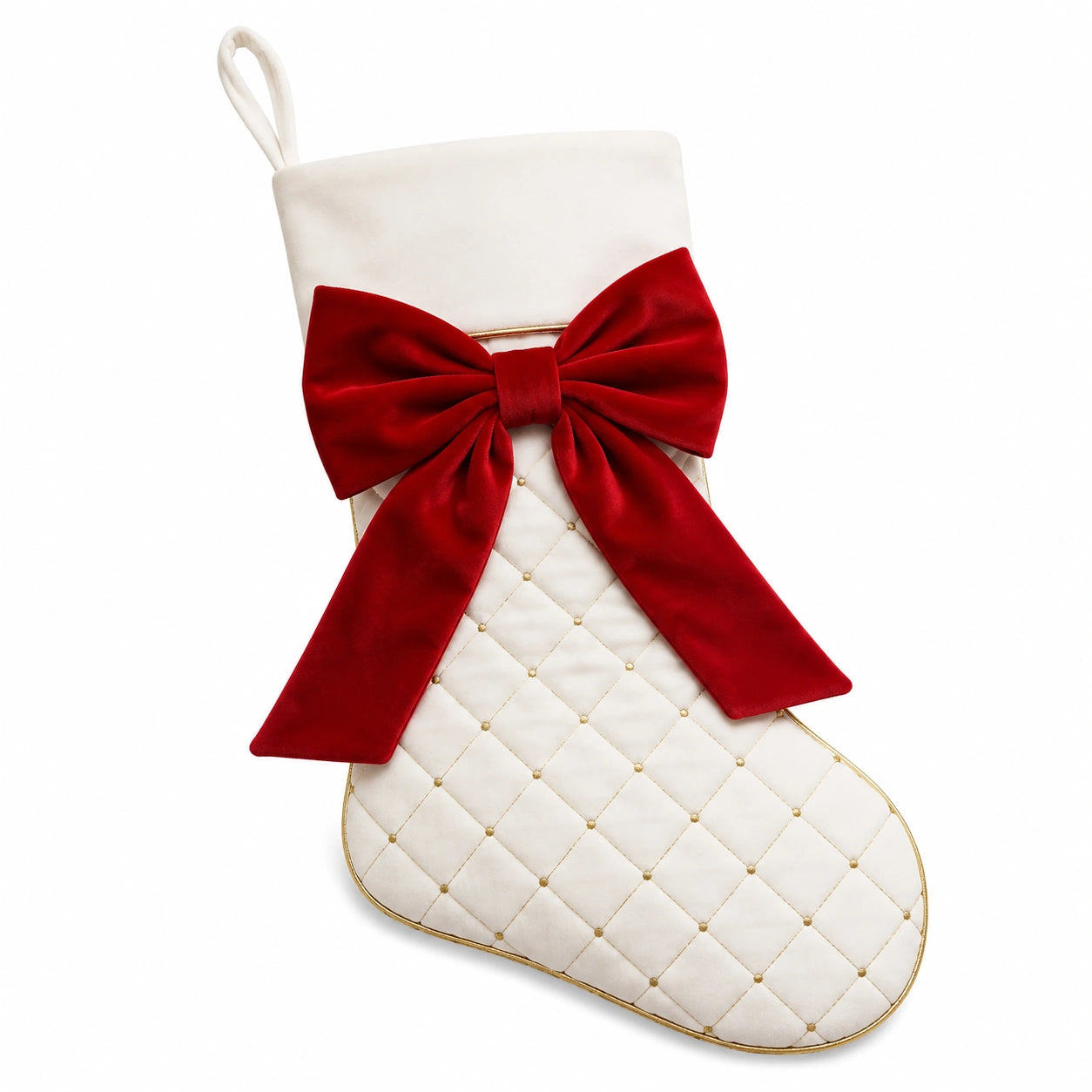 Calza decorativa natalizia 45 cm in tessuto bianco trapuntato con fiocco rosso e asola da appendere