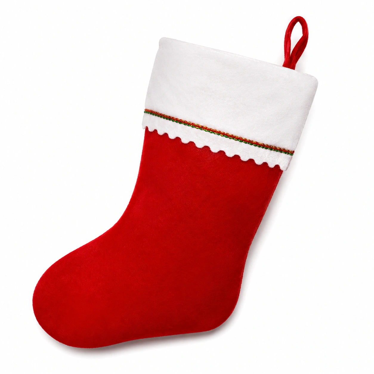 Calza decorativa taglia unica in feltro rosso e bianco con passante da appendere
