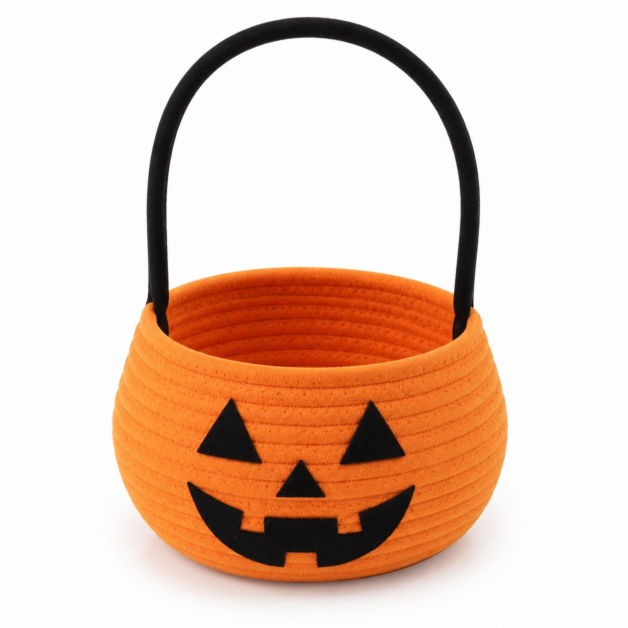 Cestino portaoggetti rotondo 20 cm in corda di cotone arancione con manico e motivo zucca