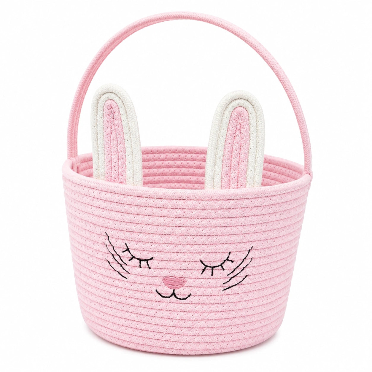 Cestino contenitore rotondo 30 x 30 cm in cotone rosa e bianco con manico stile coniglio