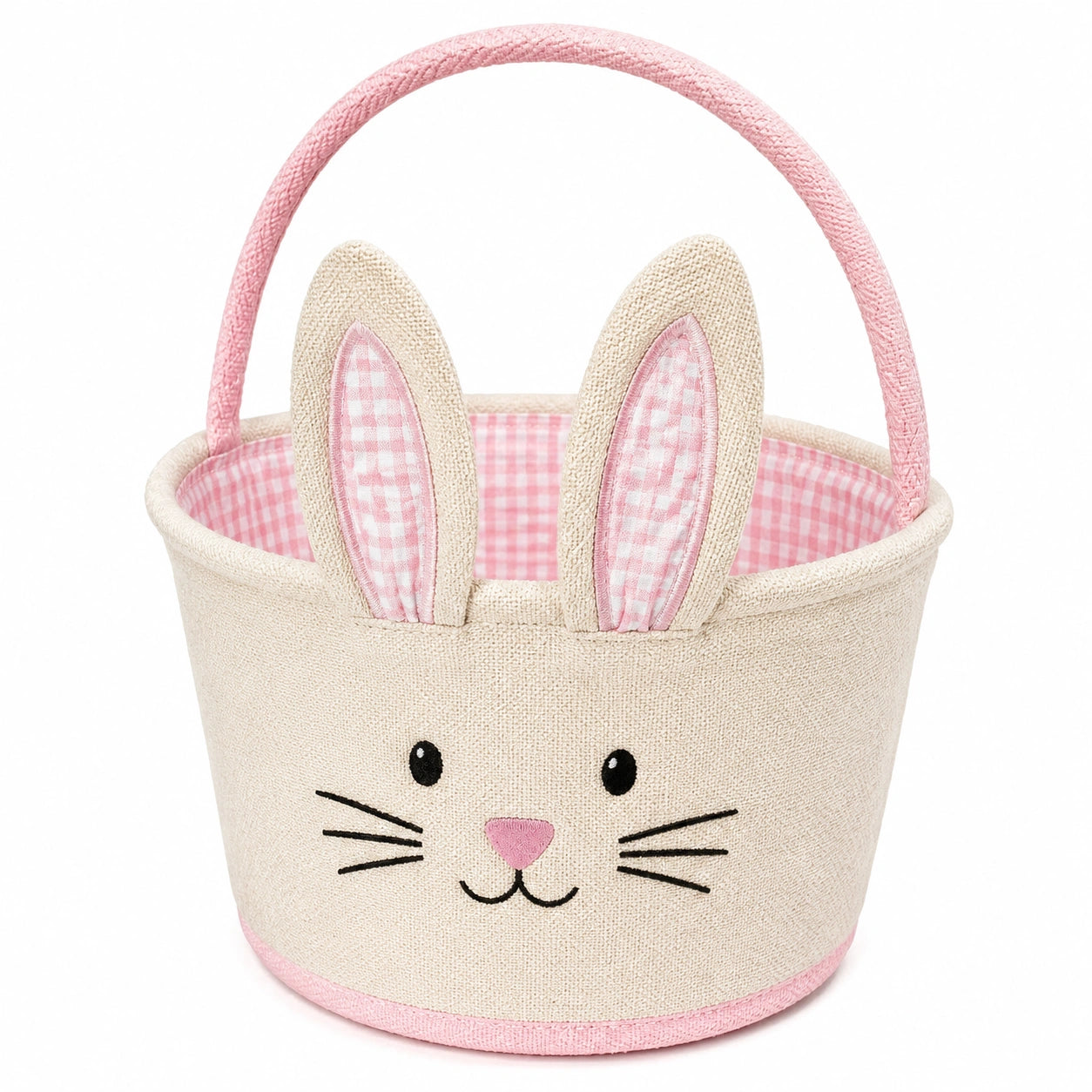 Cesto pasquale 20 cm in tessuto beige e rosa con manico e motivo coniglio