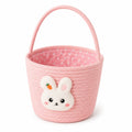 Cestino portaoggetti rotondo 25 x 20 cm in corda di cotone rosa con manico e motivo coniglio