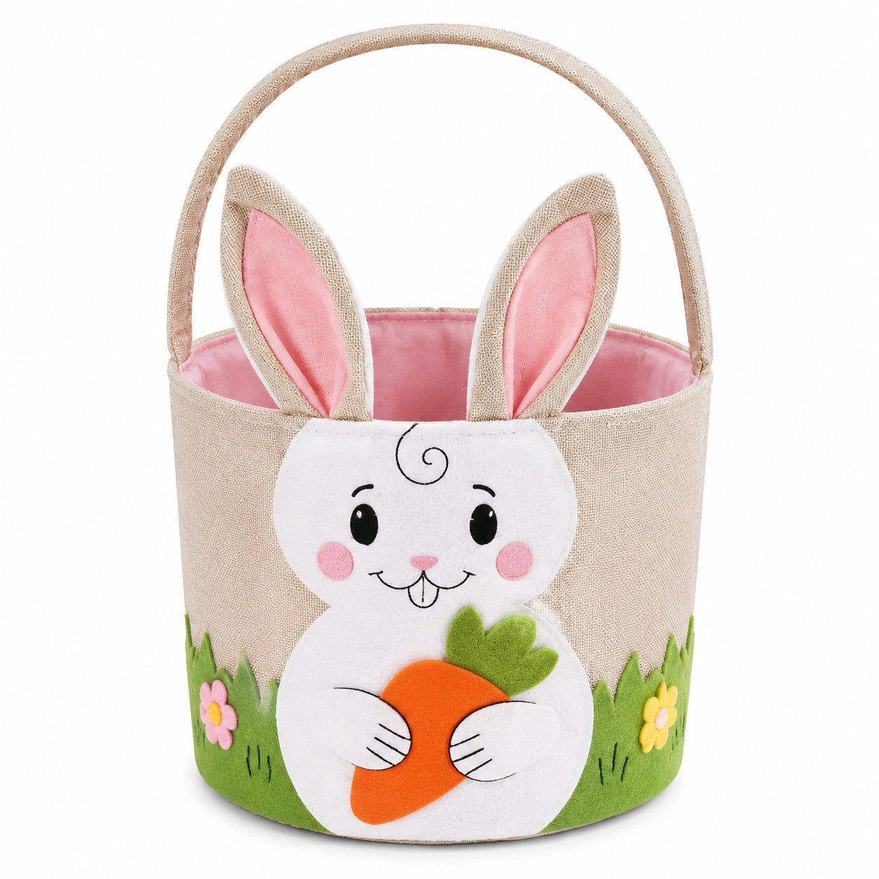 Cestino pasquale rotondo 22 x 20 cm in tessuto beige e rosa con manico decorazione coniglio