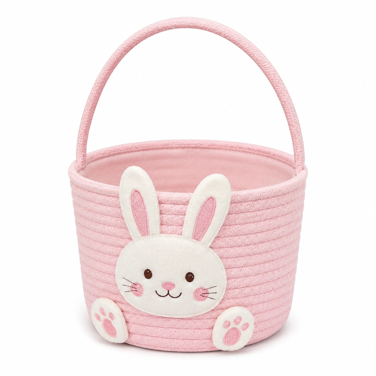 Cestino portaoggetti rotondo 24 cm in tessuto rosa con manico e motivo coniglio