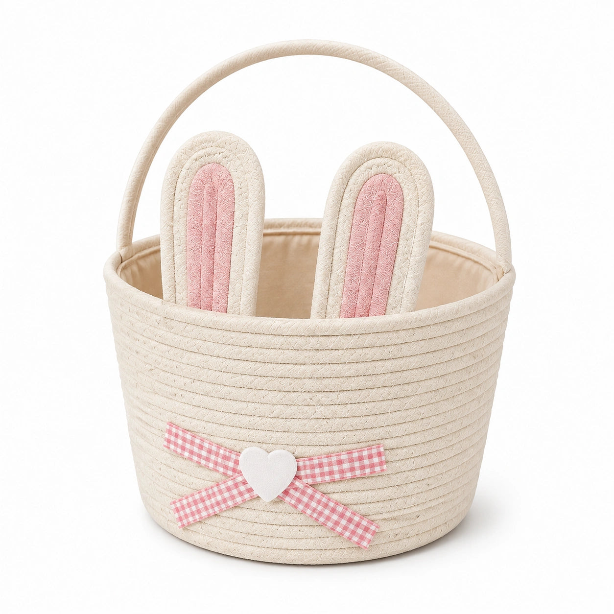 Cestino portaoggetti rotondo 25 x 28 cm in corda di cotone beige e rosa con manico decorativo