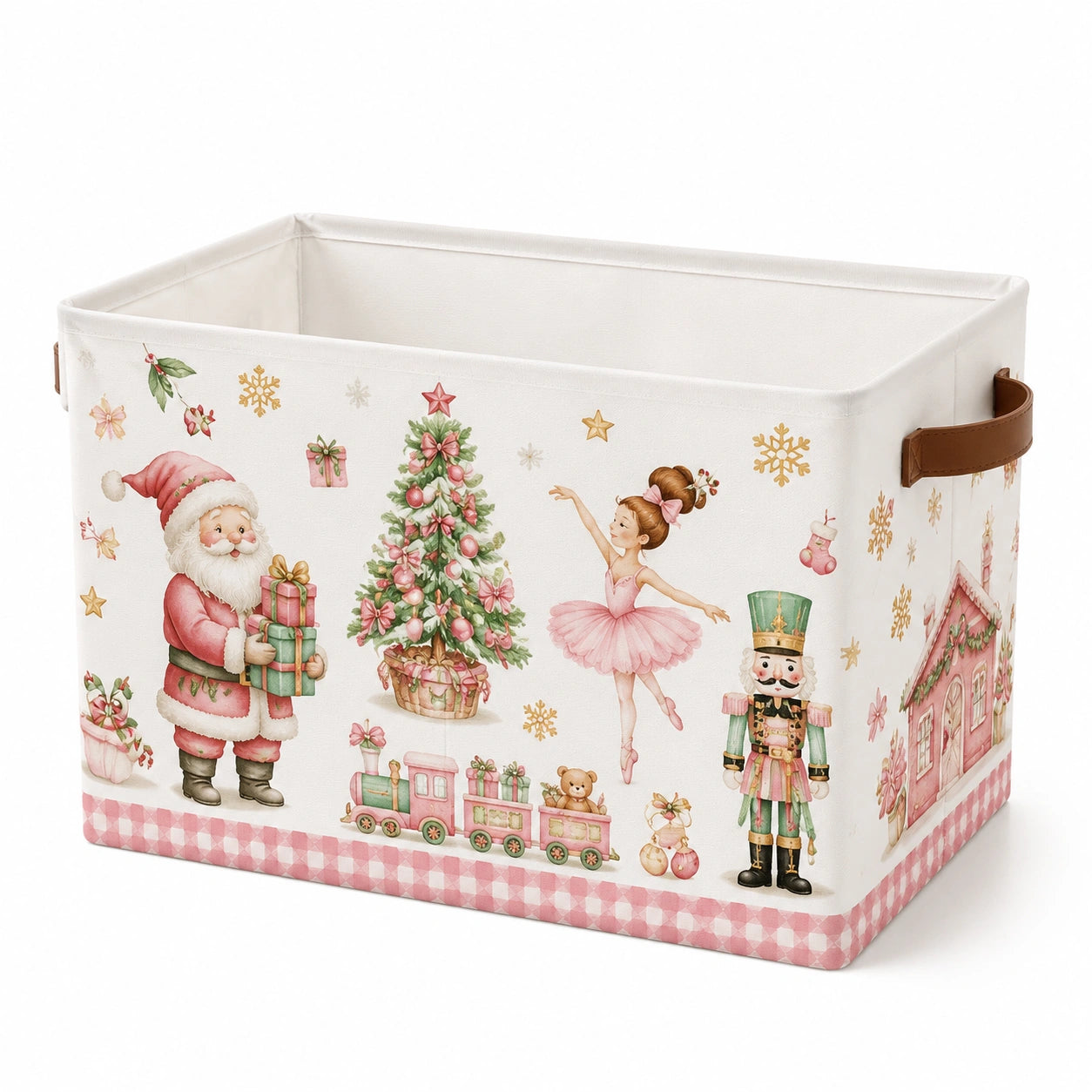 Cesto contenitore 40 x 30 x 30 cm in tessuto bianco e rosa con manici stile natalizio