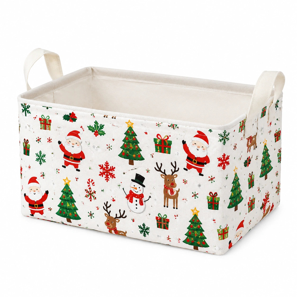 Cesto portaoggetti 40 x 30 x 25 cm in tessuto bianco con stampa natalizia e manici