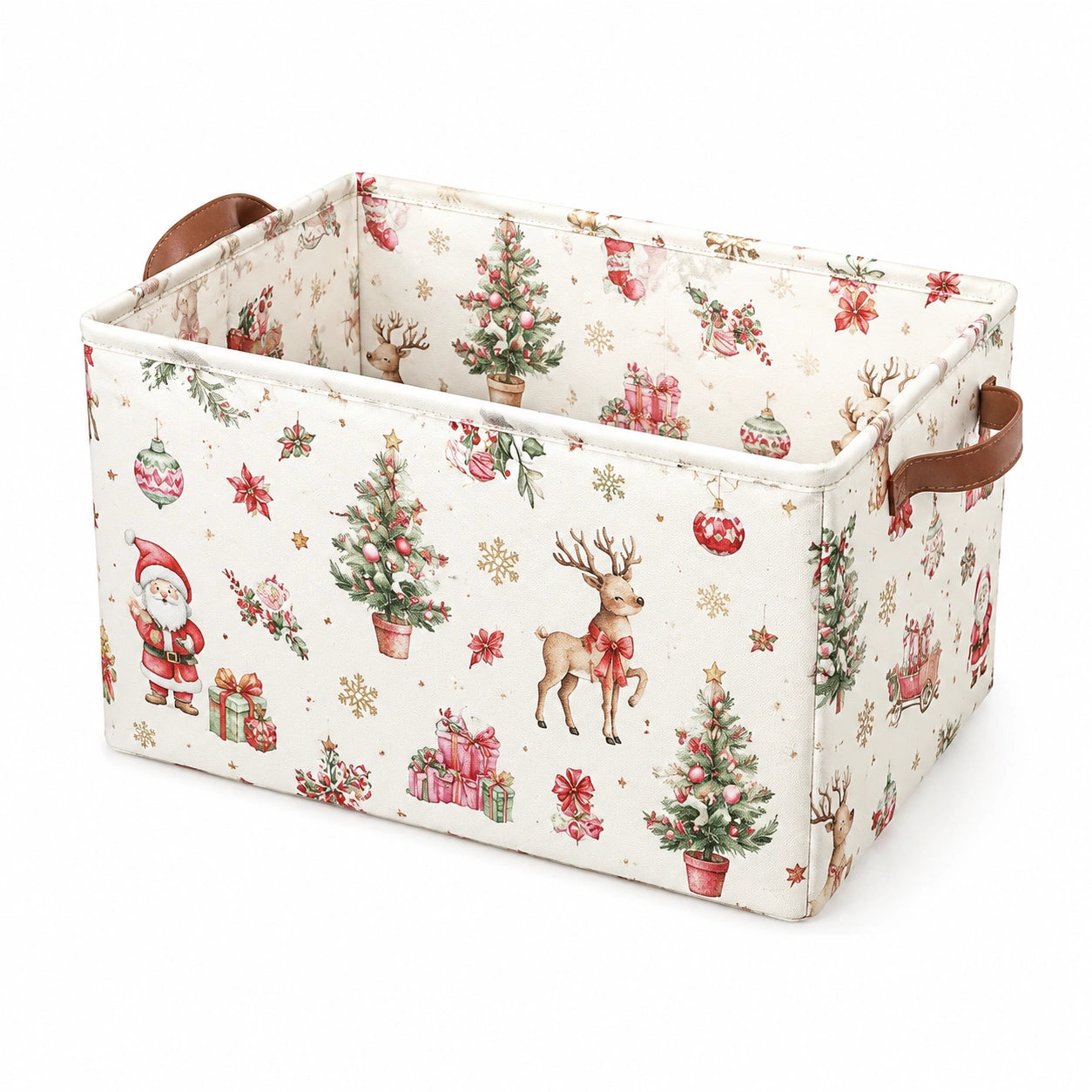 Cesto portaoggetti 38 x 28 x 25 cm in tessuto beige con manici - contenitore pieghevole con stampa festiva