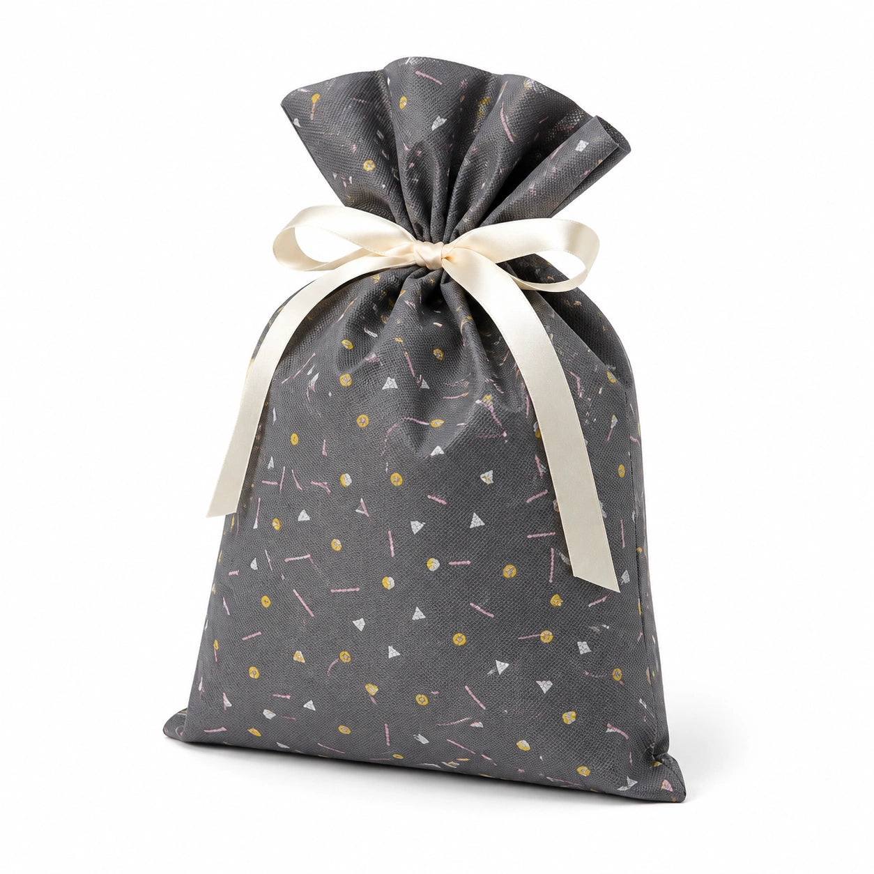 Sacchetto regalo 30 x 40 cm in tessuto grigio con motivo geometrico e chiusura a nastro