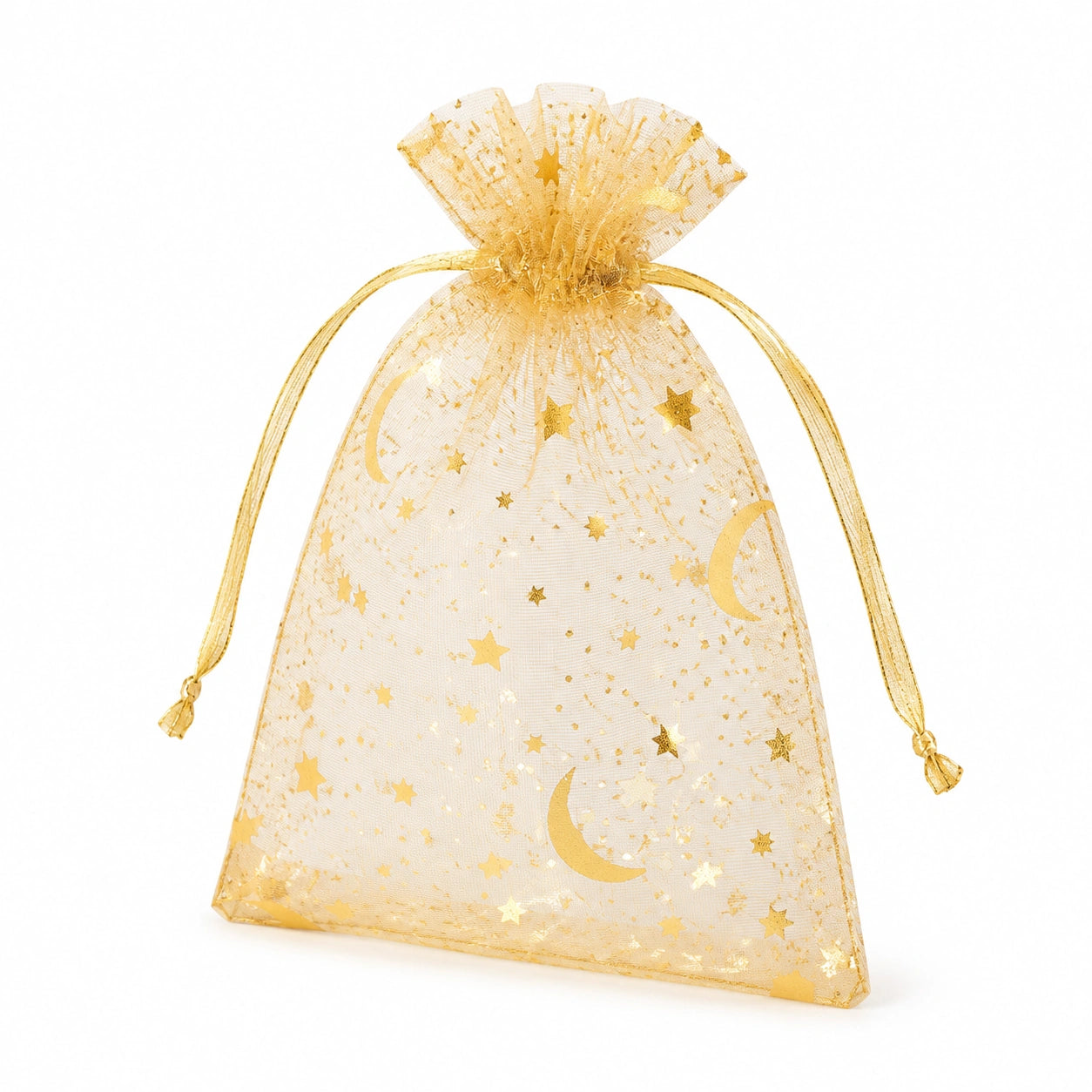 Sacchetto regalo 10 x 15 cm in organza trasparente oro con chiusura a cordoncino