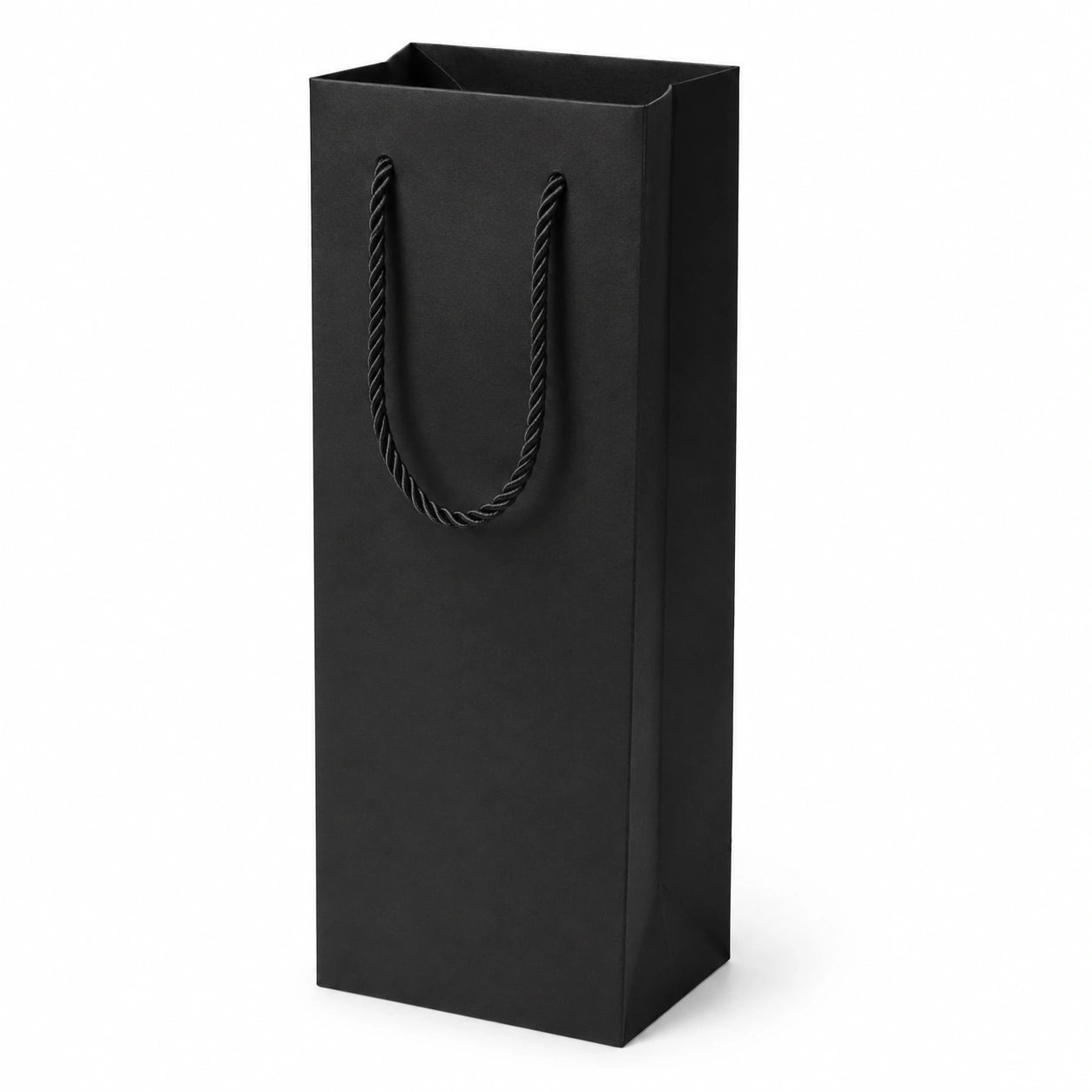 Sacchetto regalo per bottiglia 12 x 9 x 36 cm in carta nero con manici in corda - stile minimale