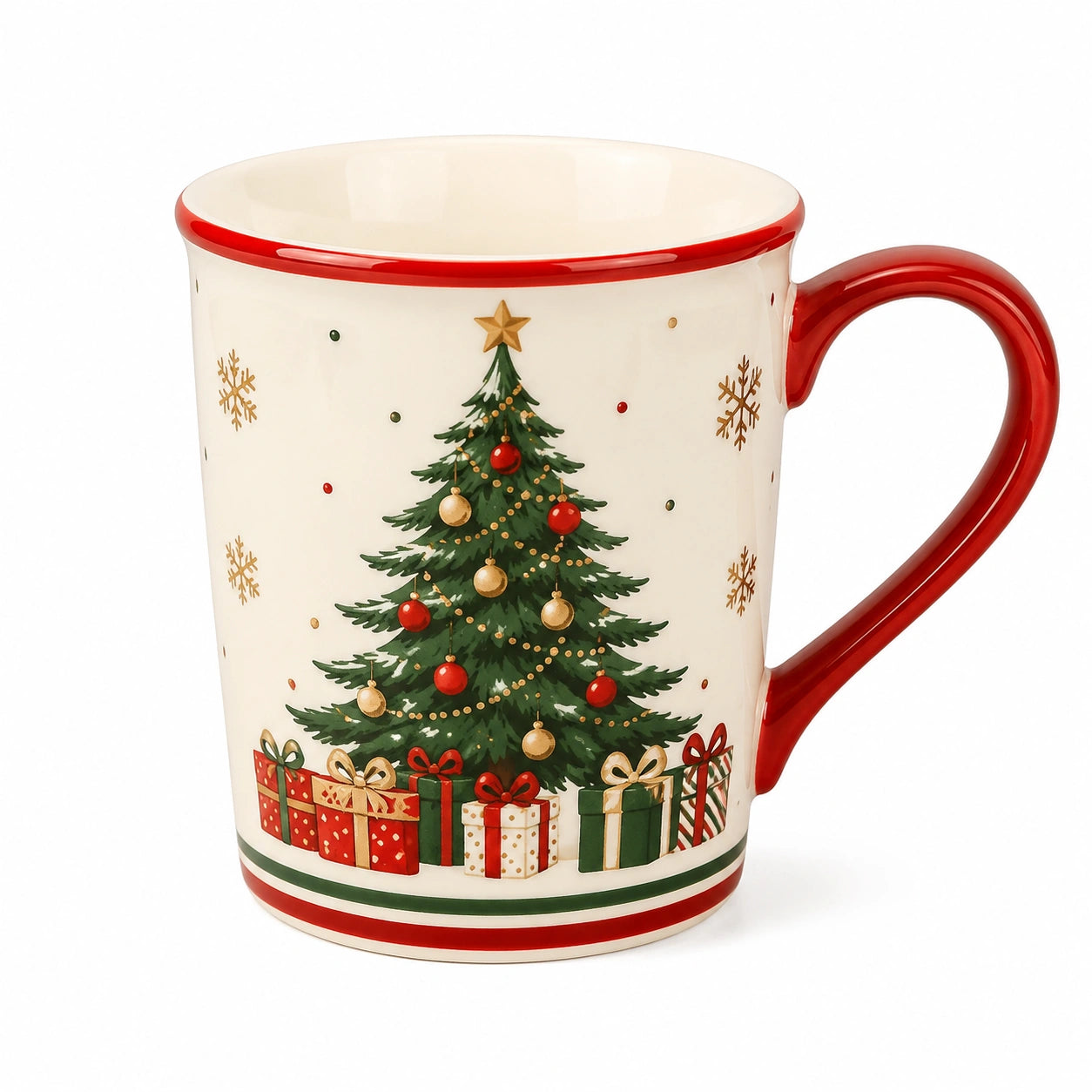 Tazza natalizia Ø9 x 11.5 cm in ceramica bianca con manico rosso e albero decorativo