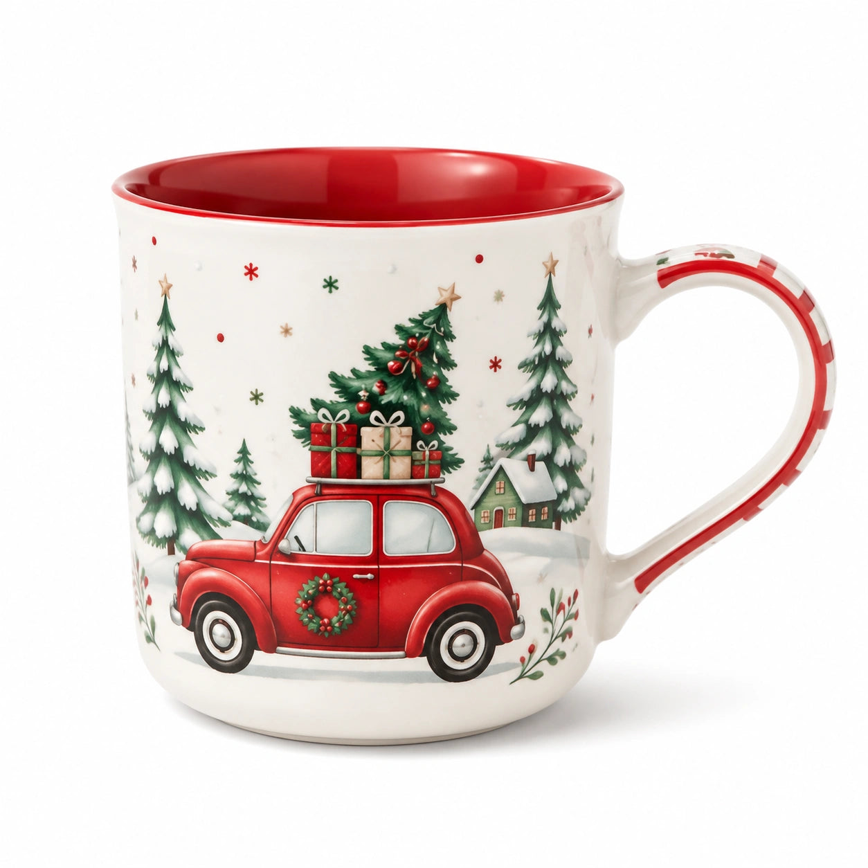 Tazza natalizia 400 ml in ceramica bianco rosso con manico e decorazione auto